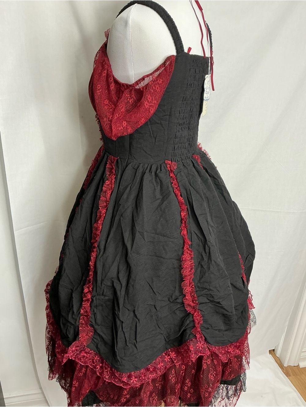 2198 - Red & Black Lace Trim Off-Shoulder Midi Dress
(Crinoline Not included). - Picture 6 of 16
